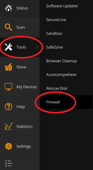 Menu selection: Tools->Firewall